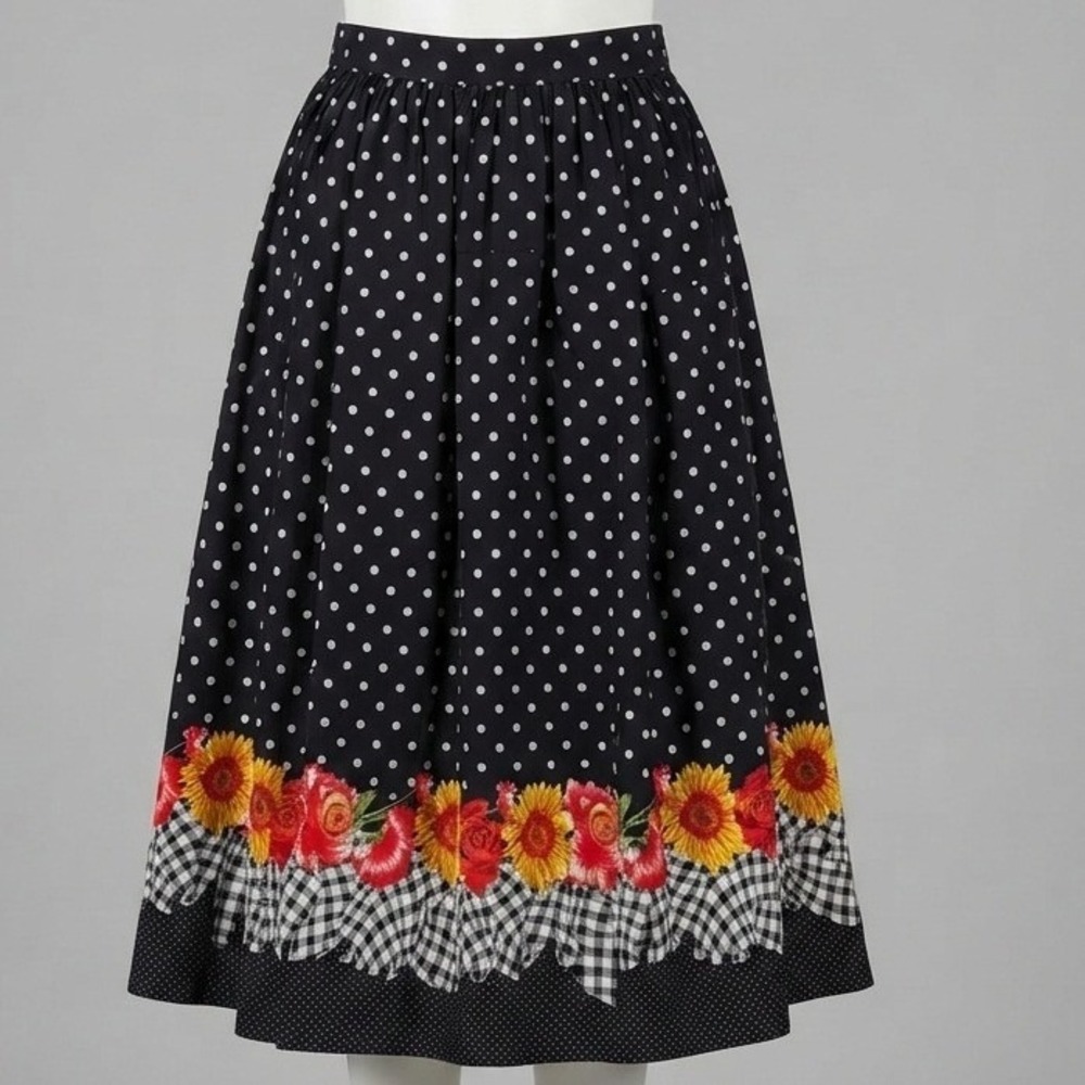 Vintage Autumn Polka Dot Sunflower Floral Gingham Midi Skirt Black White  Size 8